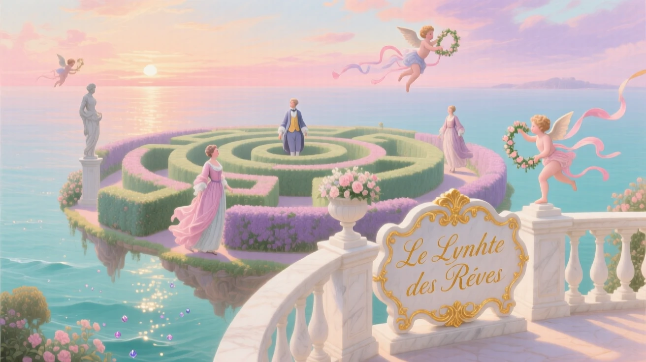 A garden maze floating above the ocean, bordered by marble balustrades  