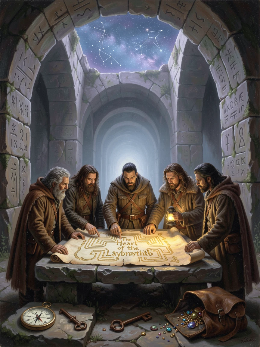 A group of treasure hunters maps out a labyrinth of stone passages beneath a sky of unfamiliar stars.