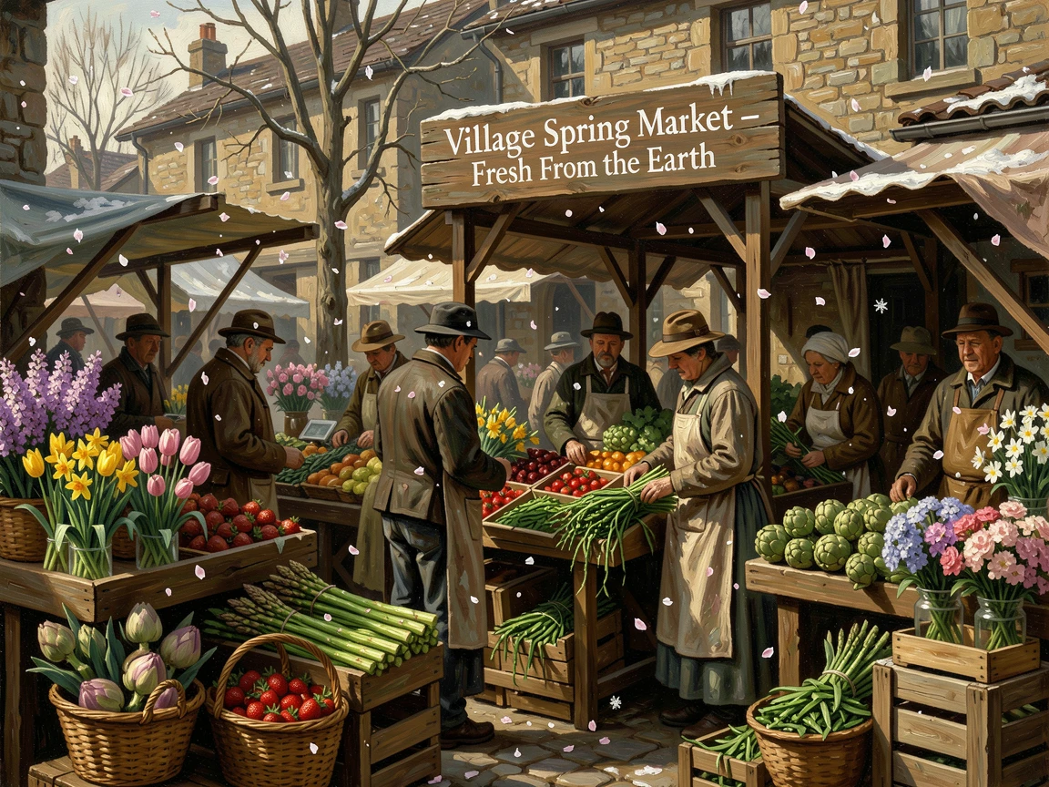 A springtime farmers market bursting with fresh flowers and produce, as soft snow or flower petals drift gently through the air, evoking cherished holiday memories and nostalgic feeling