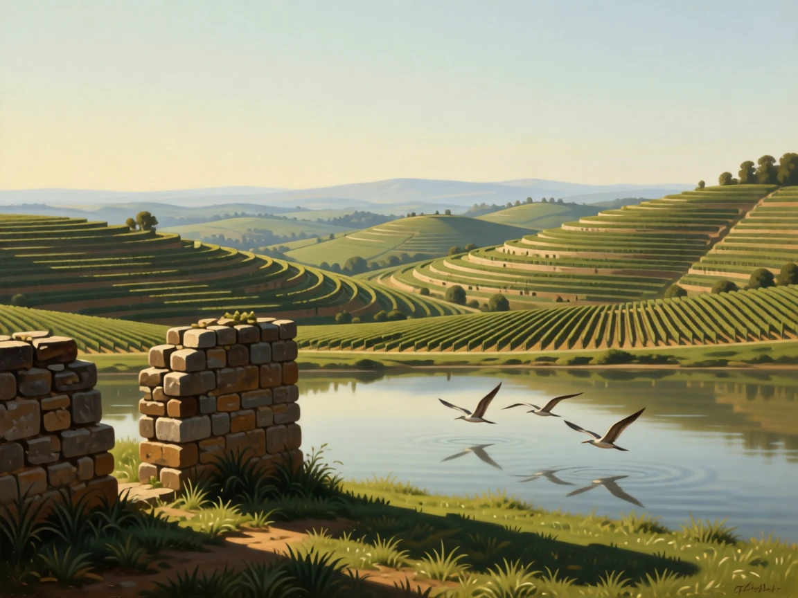 A terraced vineyard rolling across sunlit hillsides stretching endlessly toward a hazy, distant horizon, set beside the remnants of an old stone wall or ruin, with birds gliding low over the water and long shadows stretching across the grass; layered depth separates near, middle, and far distance beautifully, filled with calm, restorative beauty.