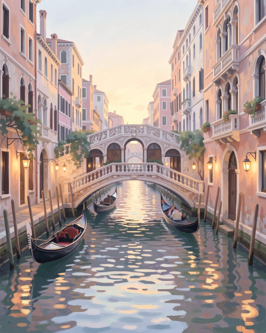 The canals of Venice at dusk, gondolas gliding beneath ornate bridges as lanterns begin to glow along the water, during the height of summer, filled with a cozy, comforting atmosphere.