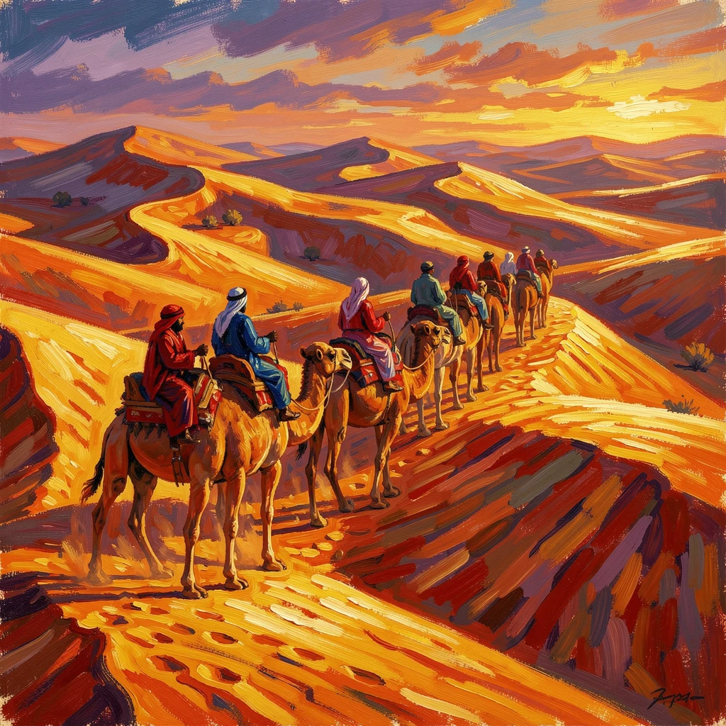 A camel caravan crossing the vast dunes of the Sahara at sunrise.