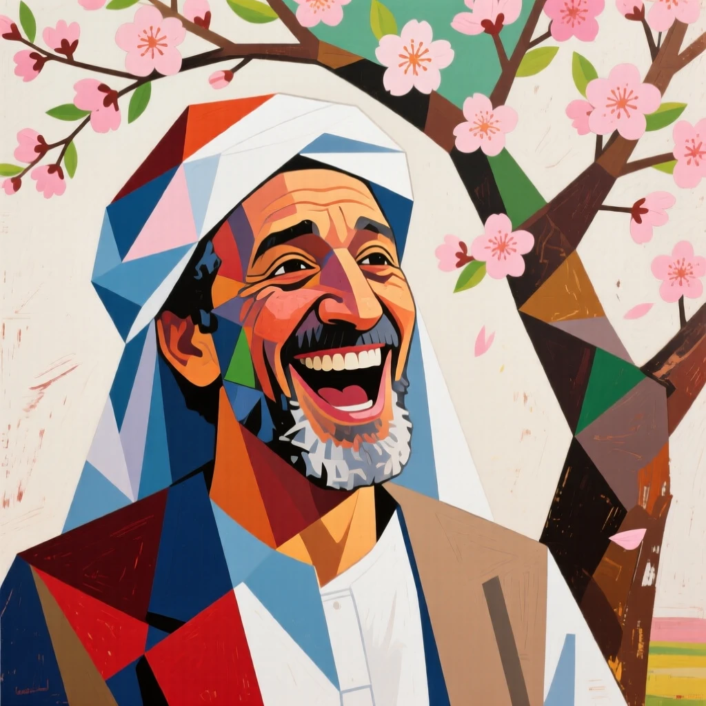 A medium shot of a middle-aged man of Bedouin heritage laughing joyfully, beneath a blossoming tree in spring.