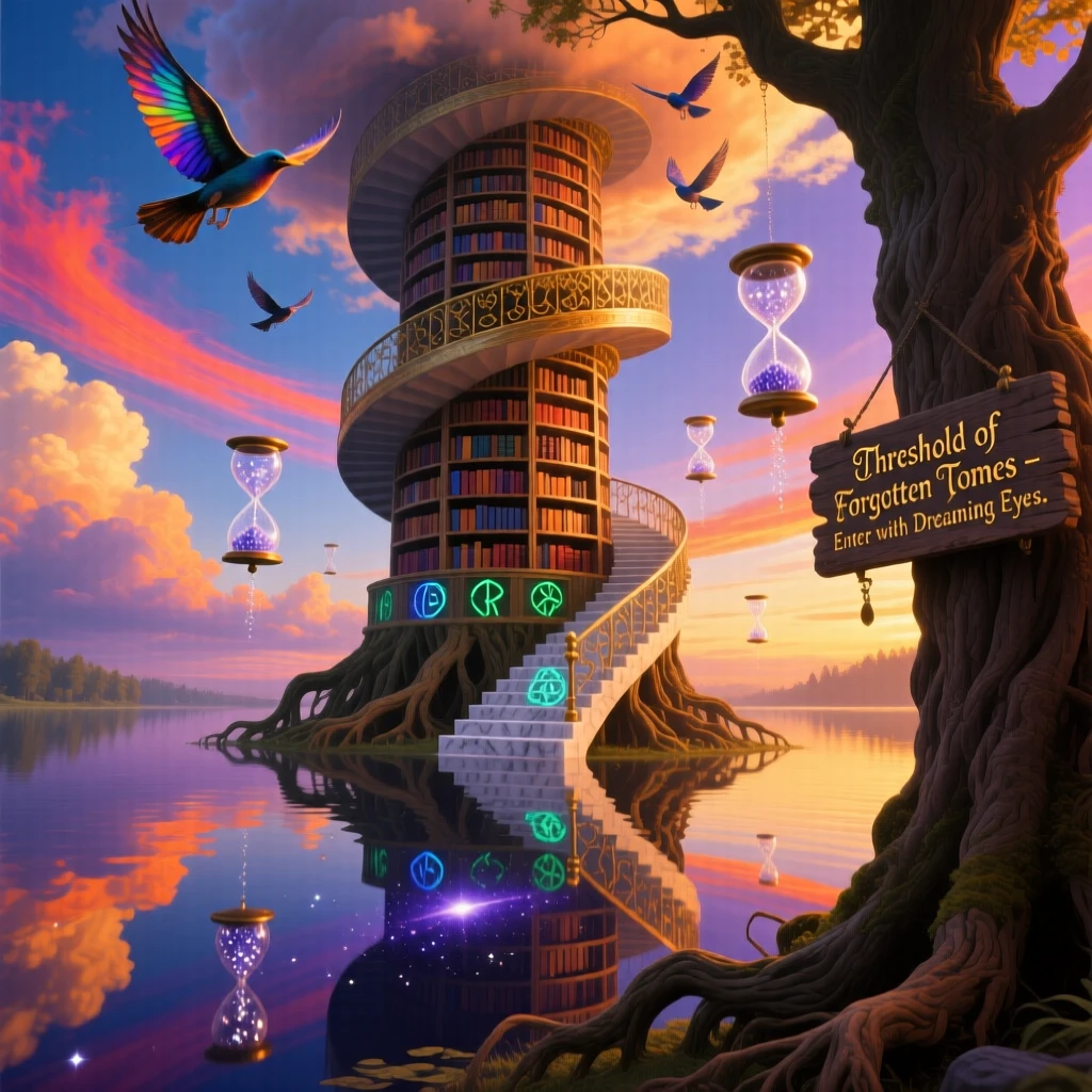 A library tower that spirals into the clouds hovers just above a mirror-still lake, as roots and stairways tangle together at its base.