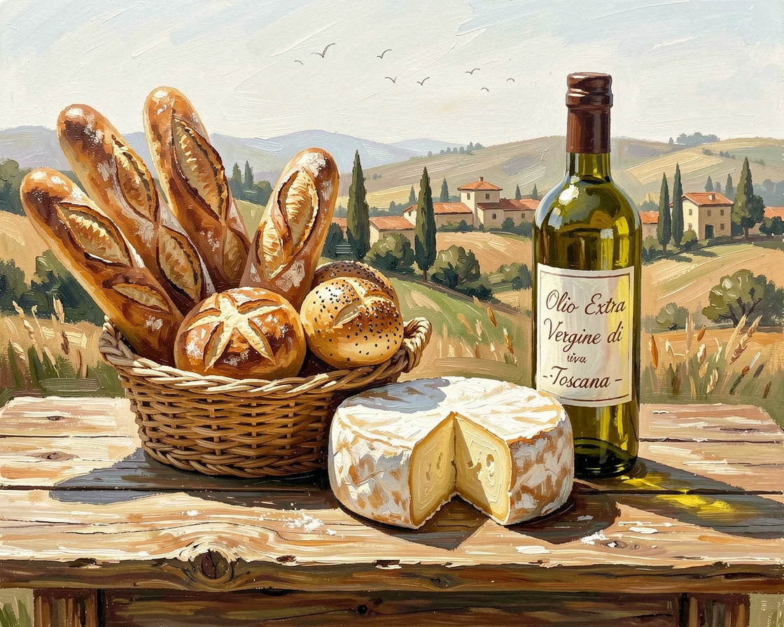 A basket of freshly baked bread sits beside a wheel of cheese and a bottle of olive oil on a rustic wooden table in Tuscany, with the crisp, still air carrying only the faintest sounds of distant birdsong.