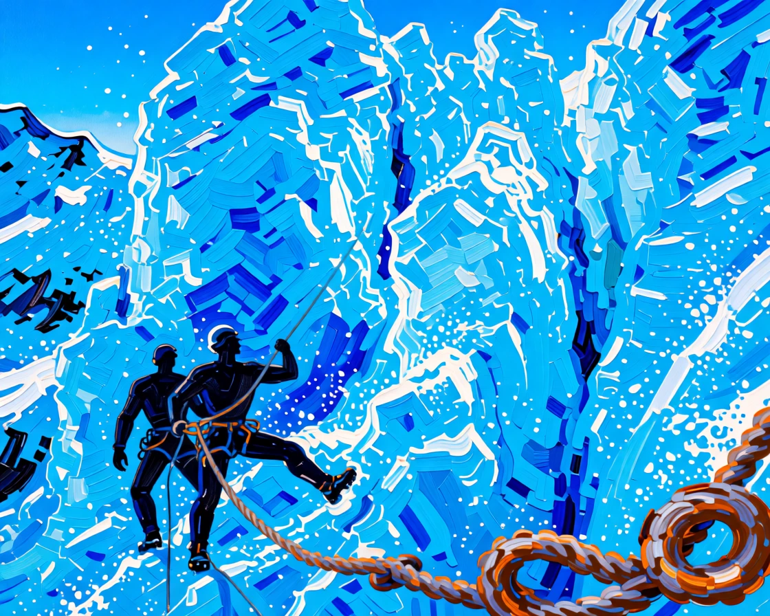 a mountain guide roped to climbers silhouetted against a brilliant blue glacier