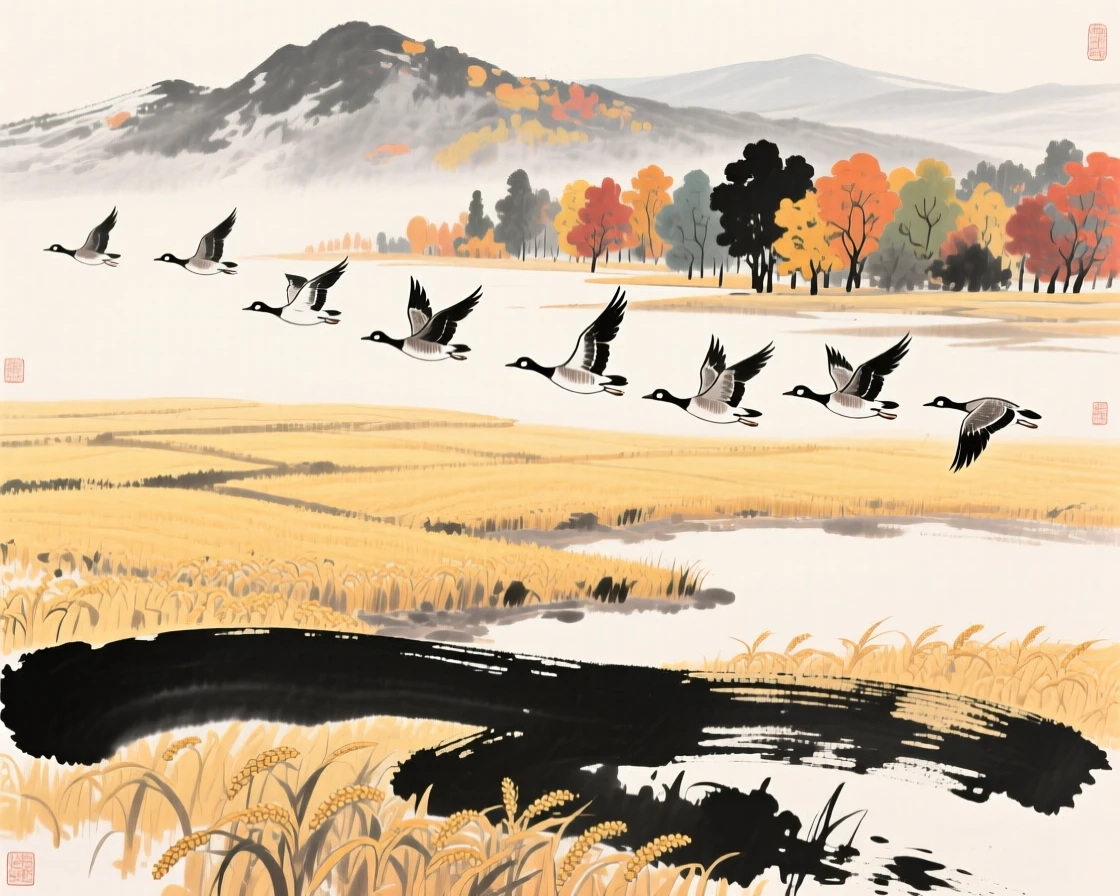 Wild geese fly south above fields turning golden with the harvest, with distant peaks rising above a sea of colorful trees.
