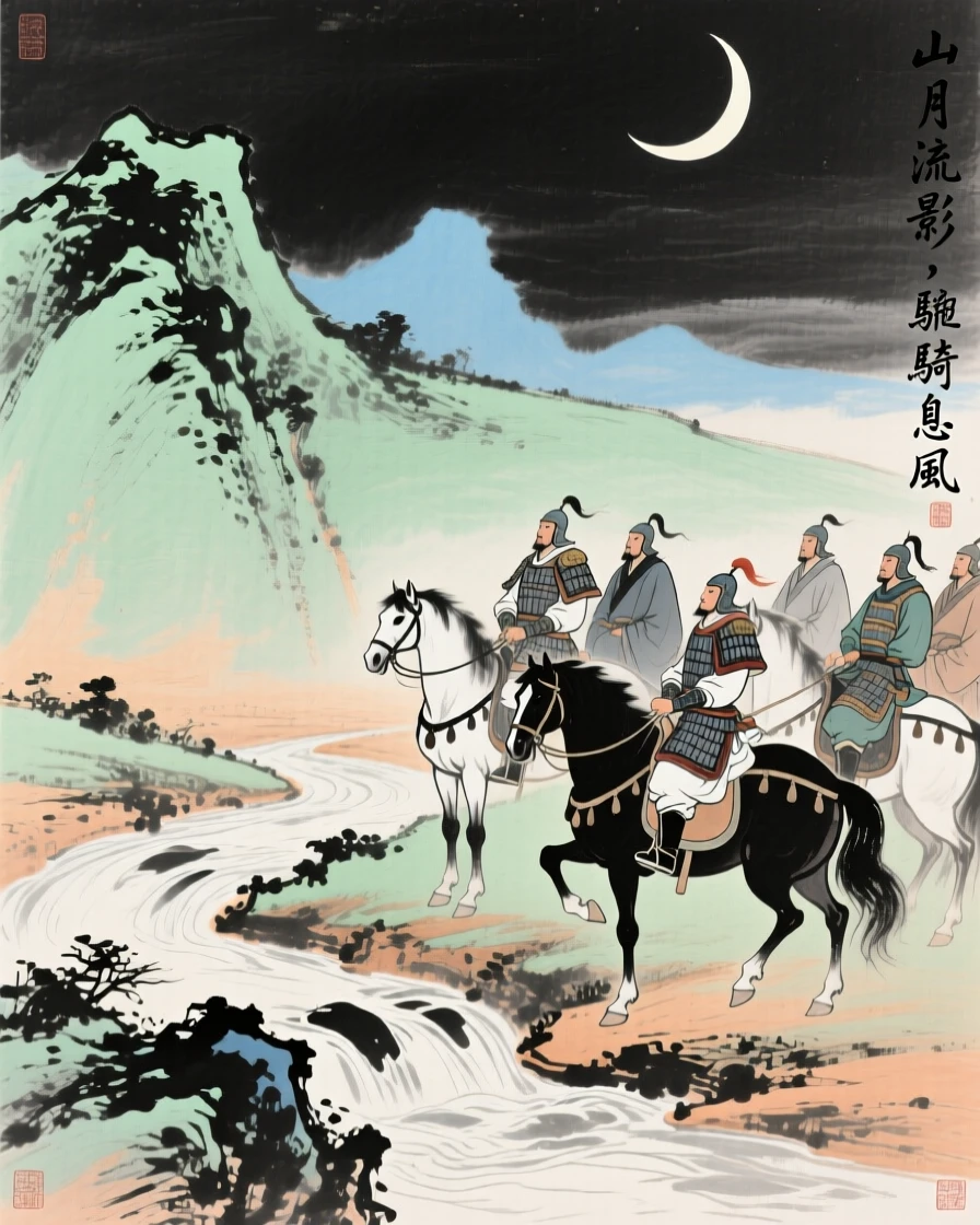Warriors on horseback pausing to rest beside a mountain stream, beneath a crescent moon.