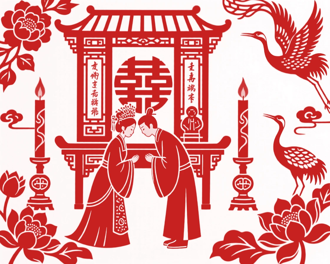 A newlywed couple bowing together before a family shrine, red candles burning steadily on either side