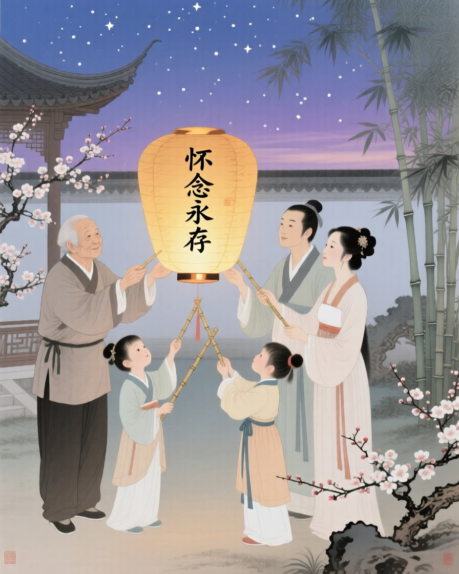 A family releasing lanterns together to celebrate a loved one's memory, under a sky filled with the first stars of evening