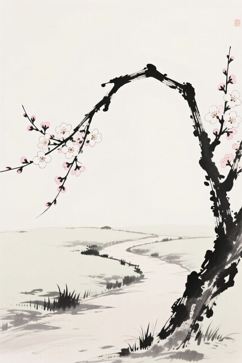 A branch of cherry blossoms beside a quiet garden path, composed with generous open space around it, conveying gentle stillness and natural harmony.