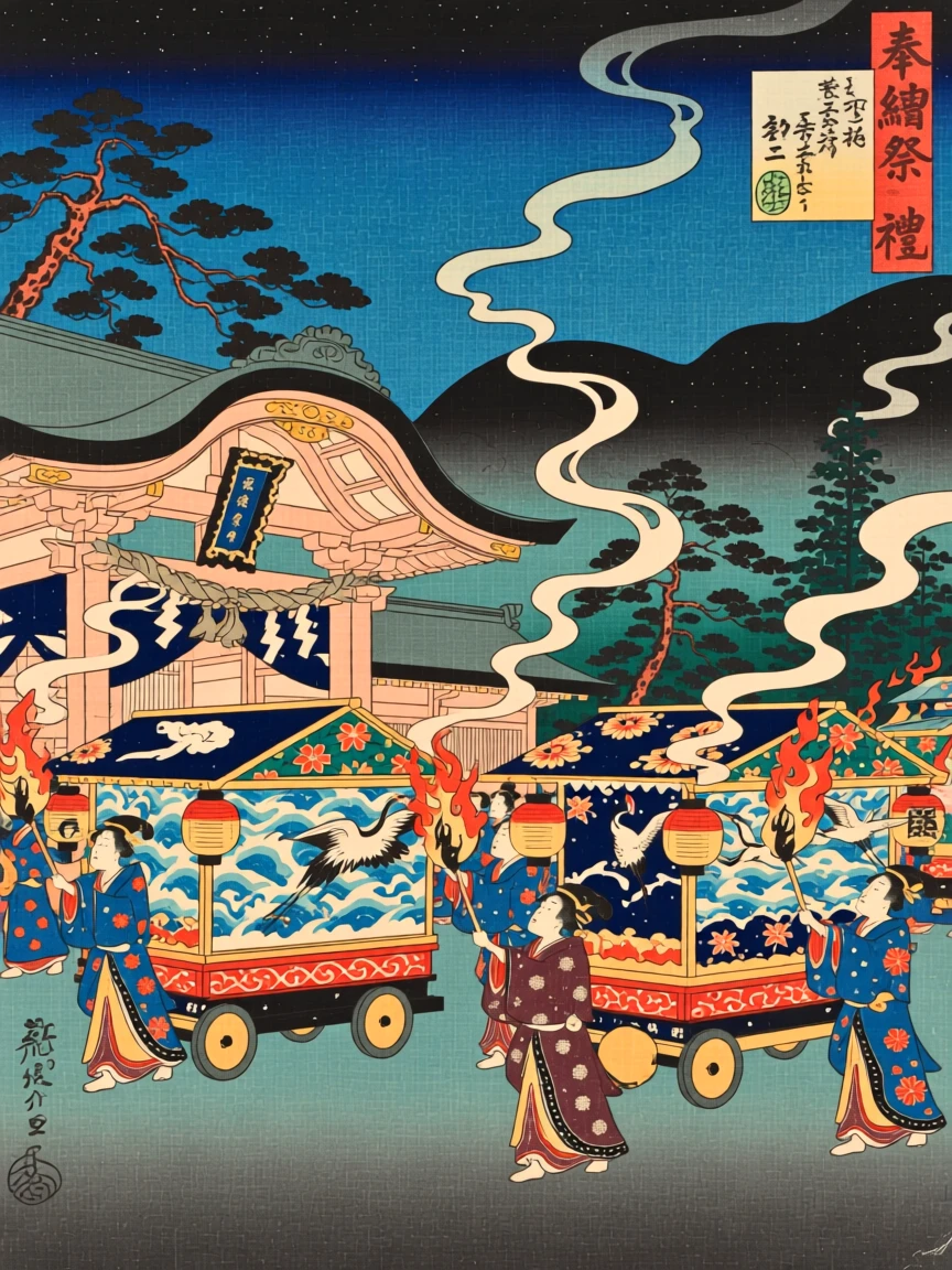 A parade of decorated floats gathered at a torch-lit shrine at midnight.