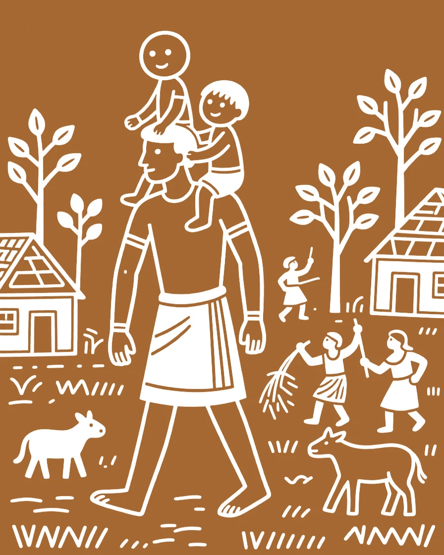 Two young siblings riding on a father's shoulders through the village.