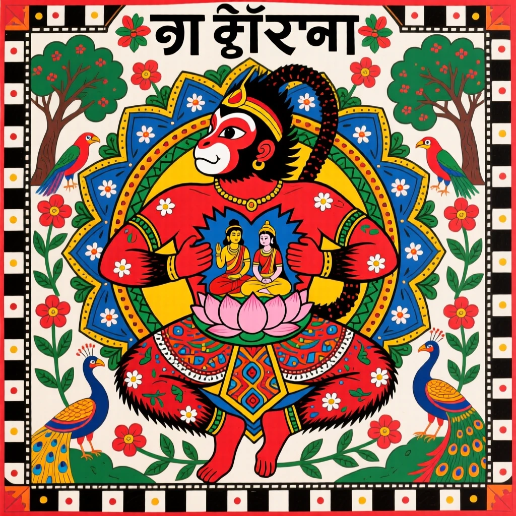 Hanuman tearing open his chest to reveal Rama and Sita within his heart.