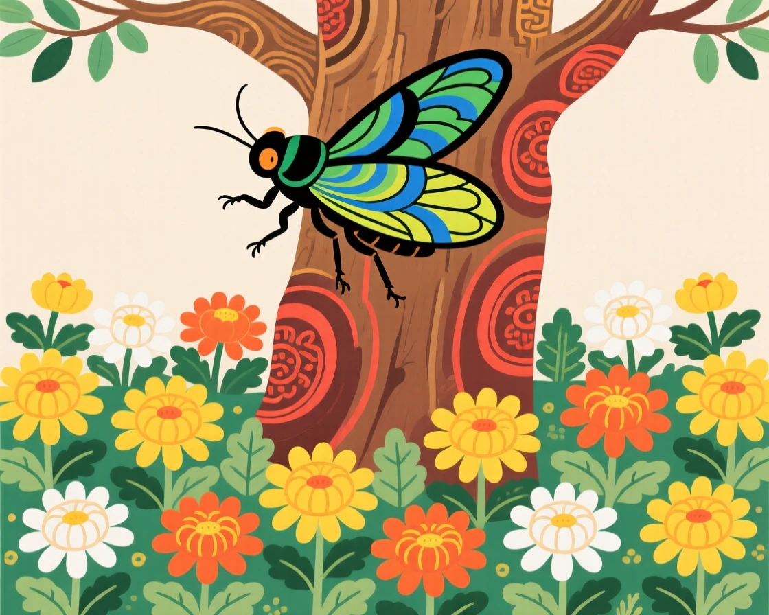 A cicada on a tree trunk dancing above a garden of chrysanthemums.
