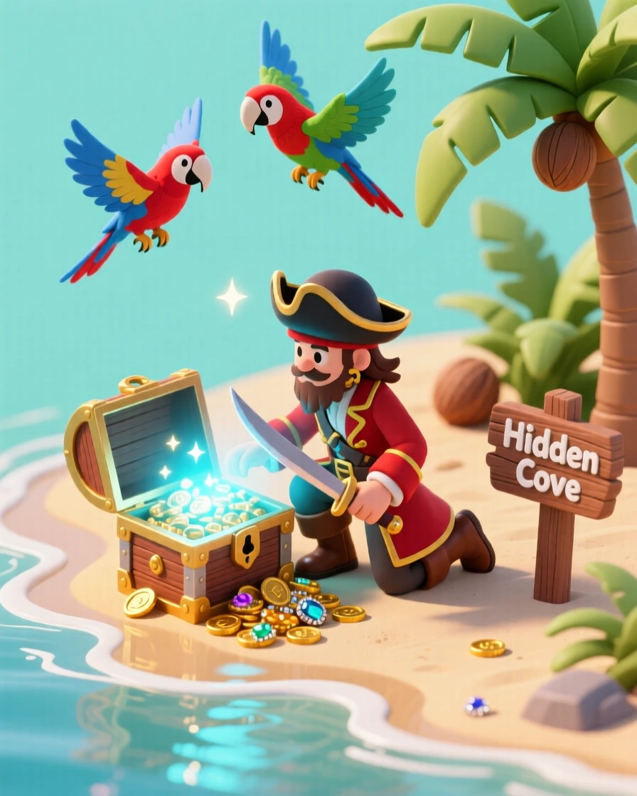 A pirate captain discovering a treasure chest glowing with magic on a hidden tropical beach, parrots circling overhead.