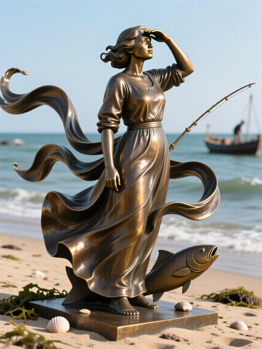 A fisherman's wife watching for his return from the shore, surrounded by swirling fabric and motion, forming a strong central focal point