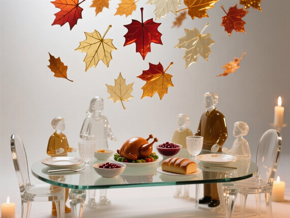 As autumn leaves drift slowly to the ground, a table set for a festive holiday feast with family gathered around, while the scent of fresh baking fills the air