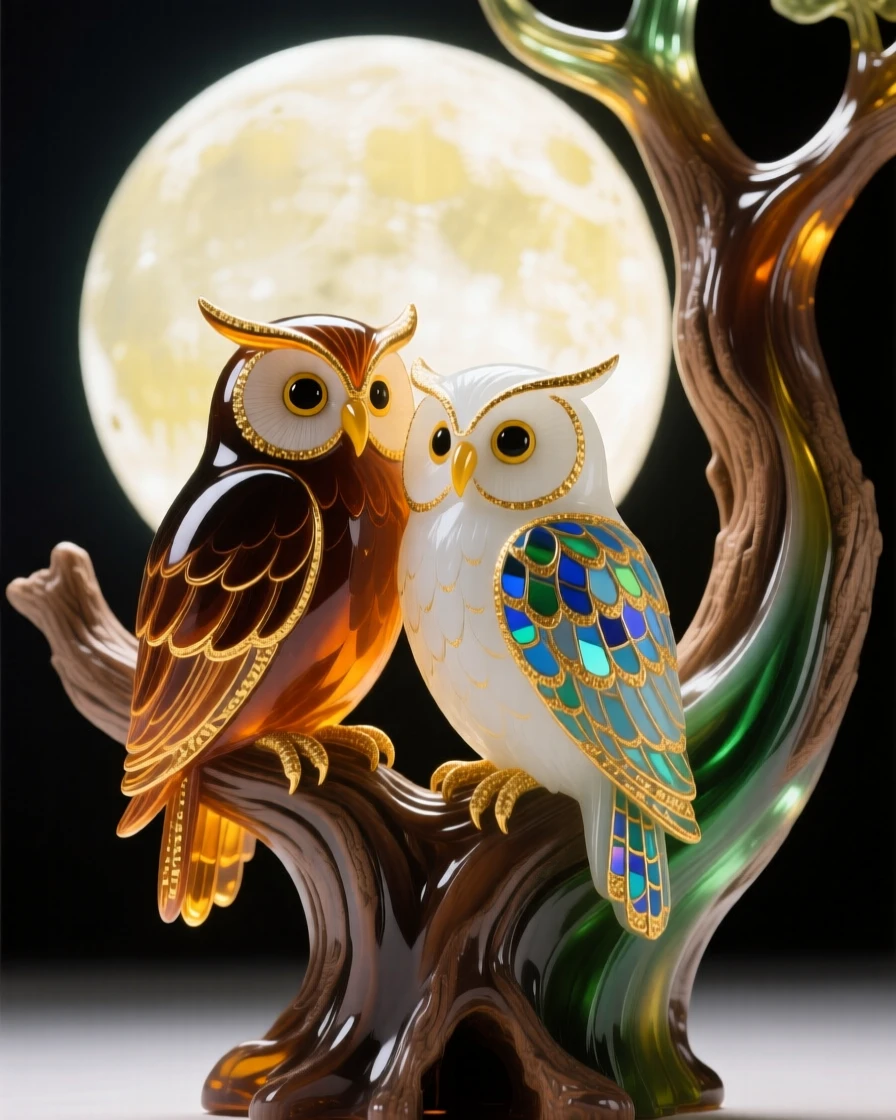 A pair of owls nesting together in a hollow tree beneath a full moon, wise and bonded.