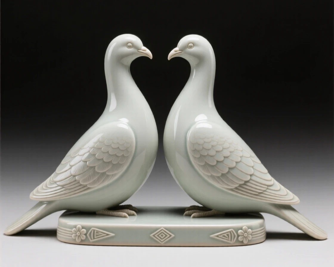 A pair of decorative doves facing one another captured in a graceful, polished stance, highlighted by delicate embellishments, stirring a sense of understated opulence.
