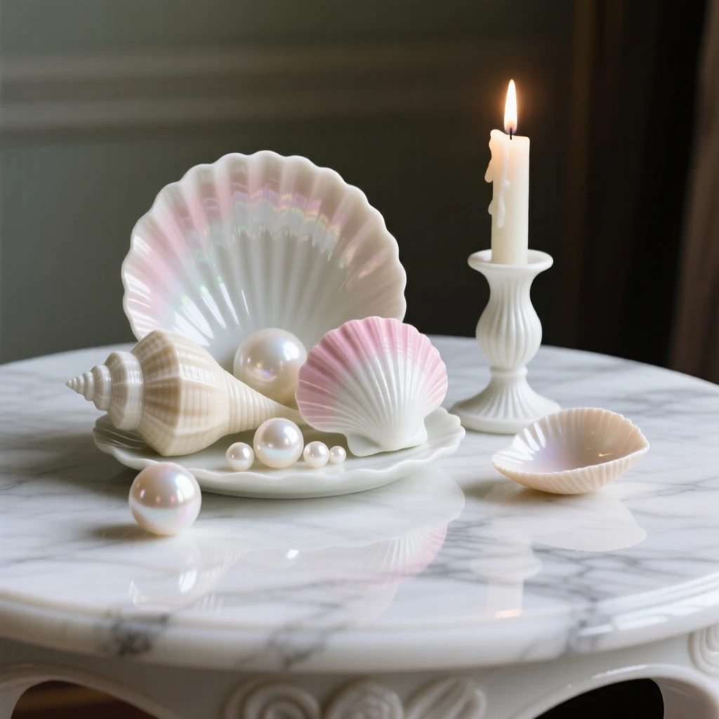 A refined still-life arrangement of seashells and pearls on a marble tabletop, a single candle casting gentle shadows.