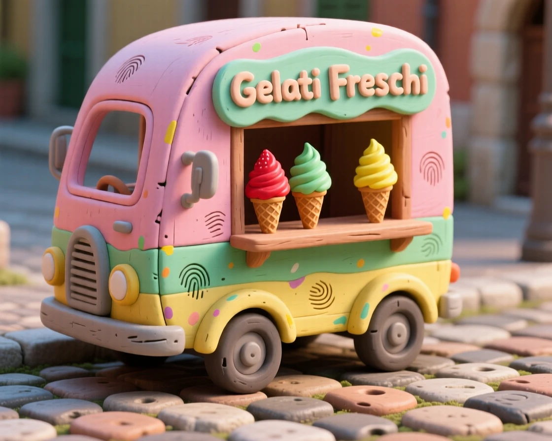 A colorful Italian gelato cart parked along a cobblestone street