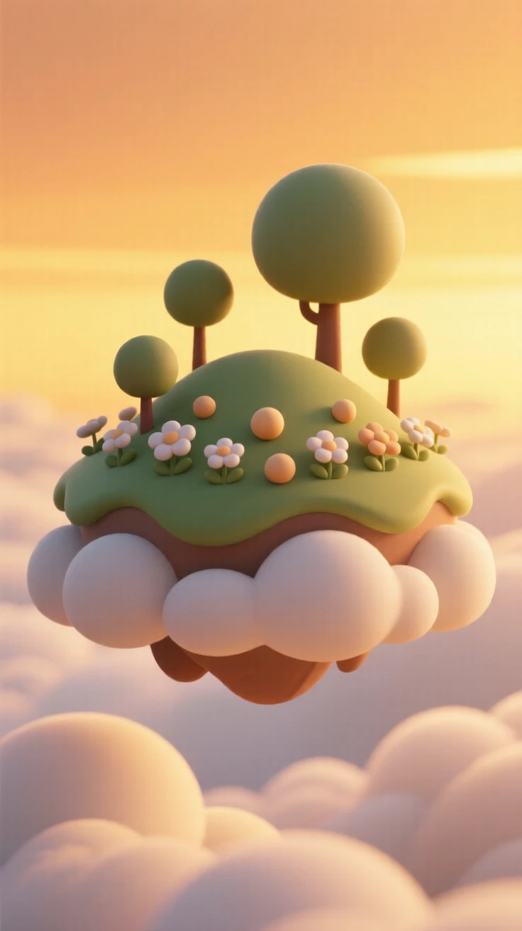 A floating island covered in blooming gardens drifts gently above rolling clouds at golden sunset.