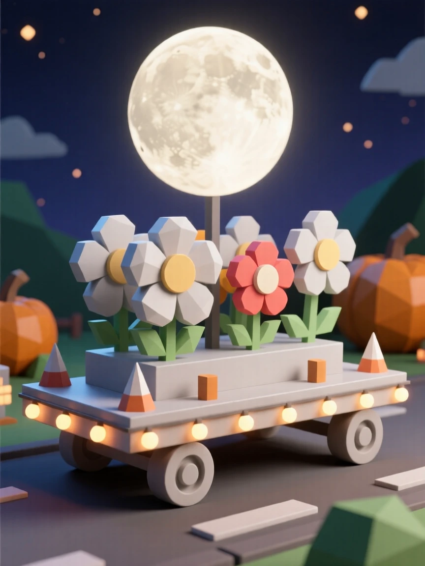 A festive parade float decorated with colorful flowers, beneath a full harvest moon. warm glowing lights create a festive ambiance. The atmosphere radiates warmth and cheer.