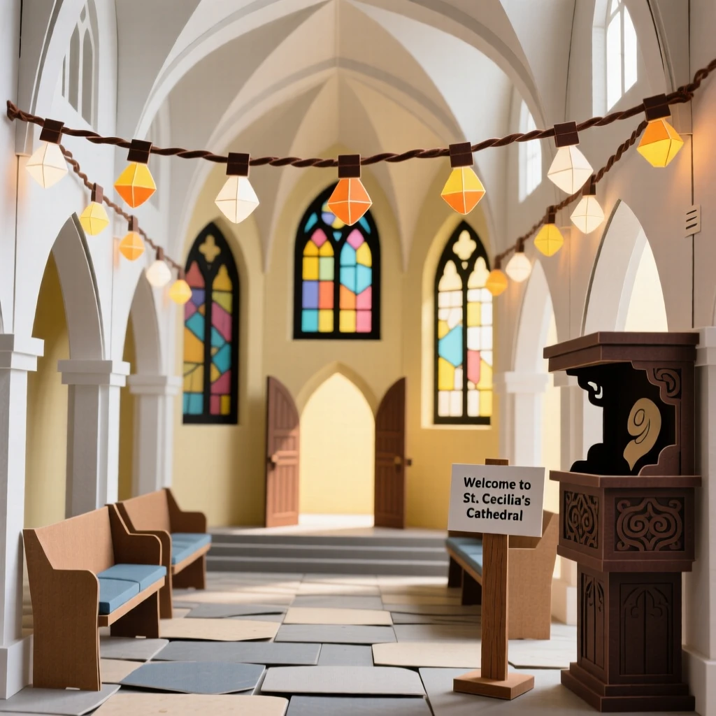 A soaring gothic cathedral interior illuminated by strings of warm lights, with warm interior light spilling outward, evoking quiet historic charm.