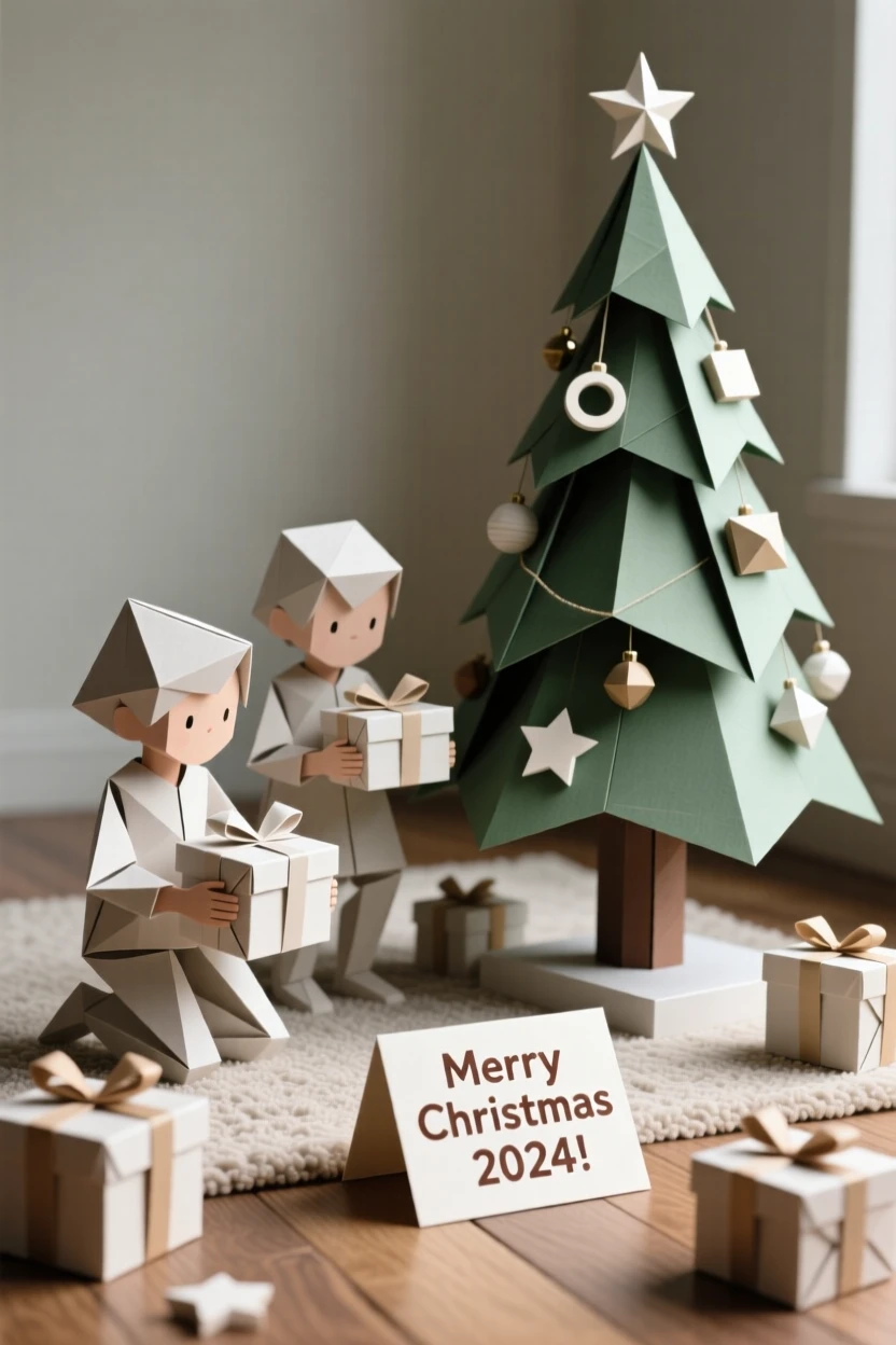 A Christmas morning scene with children opening presents beside a decorated tree.