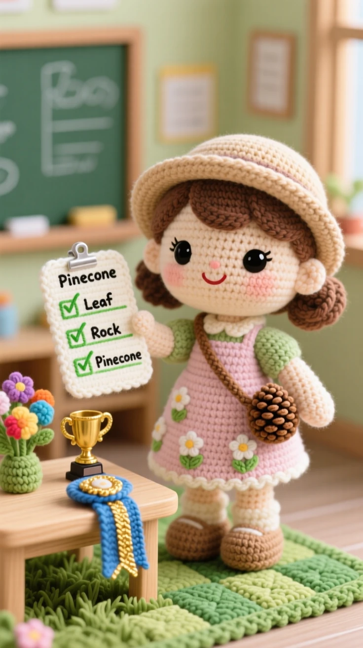 a little girl doing a nature scavenger hunt, with a small checklist in hand, is captured finding a pinecone to check off her list in a bright classroom corner set up for a project beside a small trophy or ribbon nearby, showing joyful discovery and playful learning.