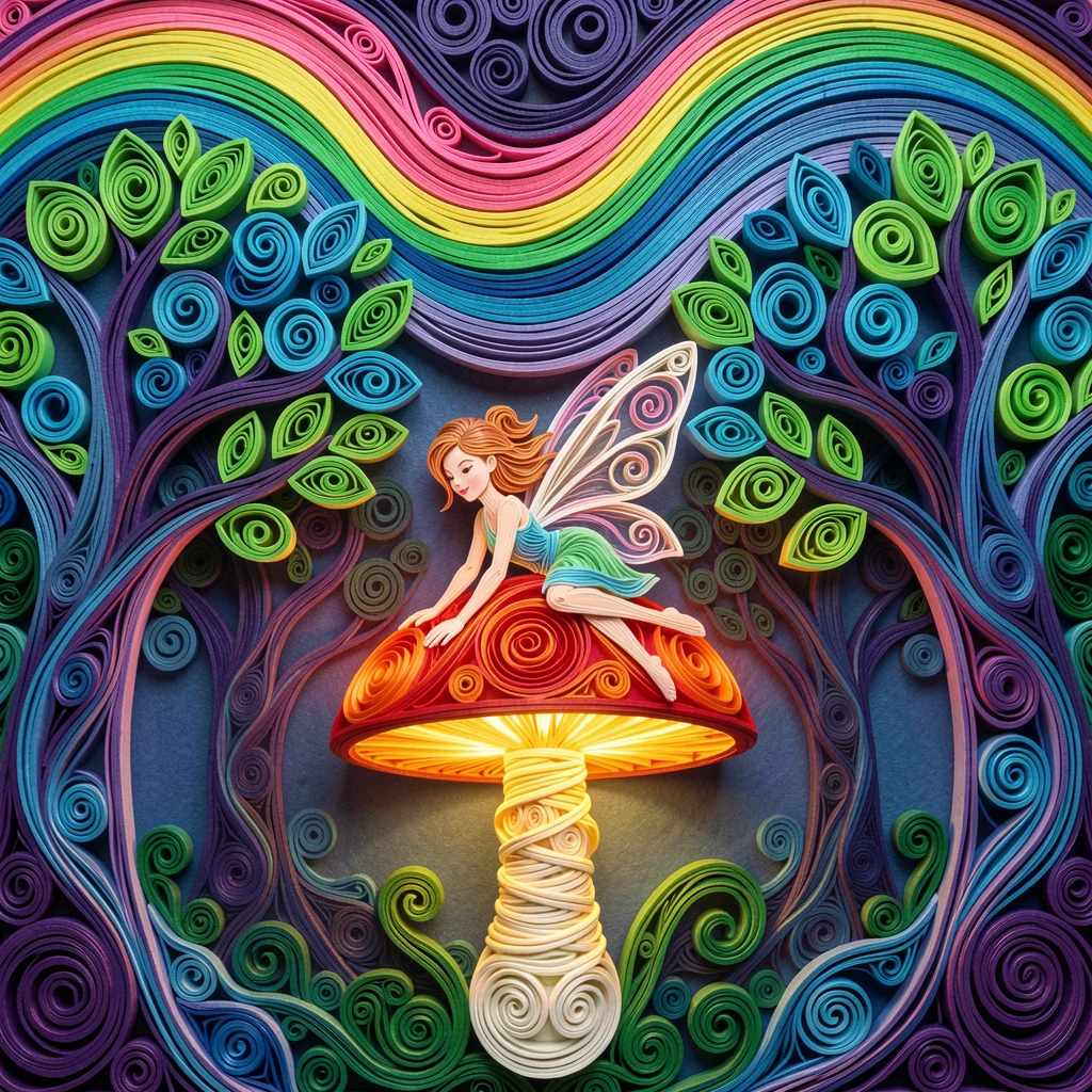 A magical fantasy scene of a tiny fairy resting on a glowing mushroom beneath a canopy of glowing luminescent trees, under a sky painted in shifting aurora colors, captured in an intimate close-up glowing softly.