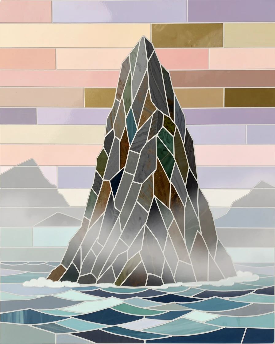 A dramatic sea stack rising from misty ocean waters at sunrise, under a soft blanket of morning fog.