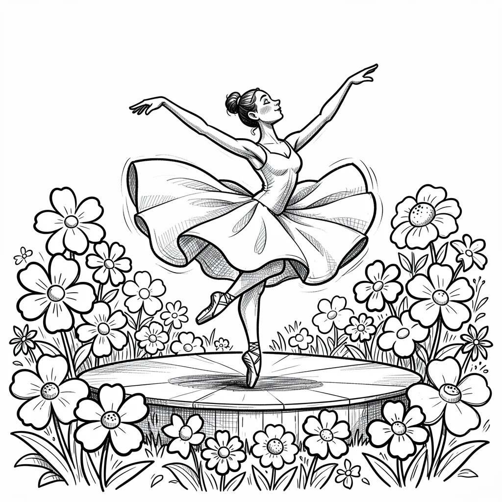 A ballet dancer mid-leap on a stage in a garden full of blooming flowers.