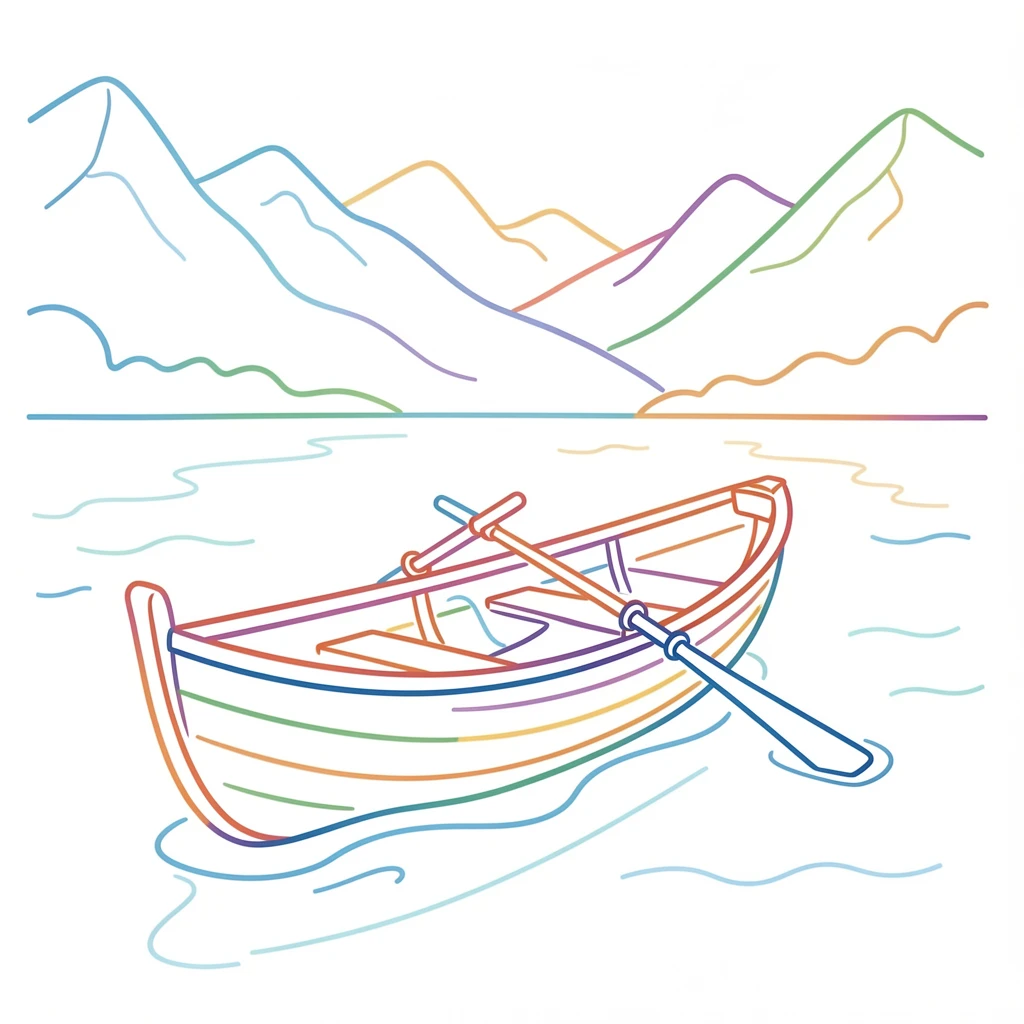 A single rowing boat resting on the shore of a quiet alpine lake.