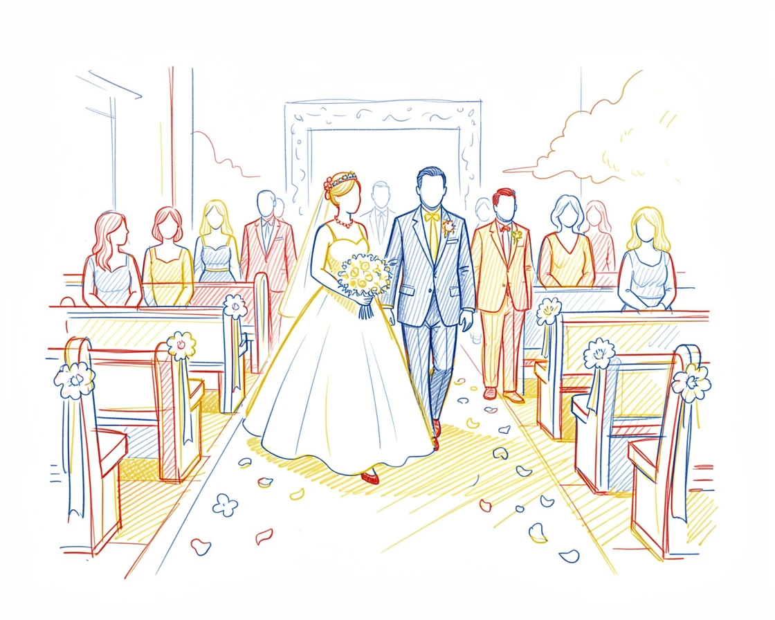 A traditional wedding processional with flower petals scattered along the aisle