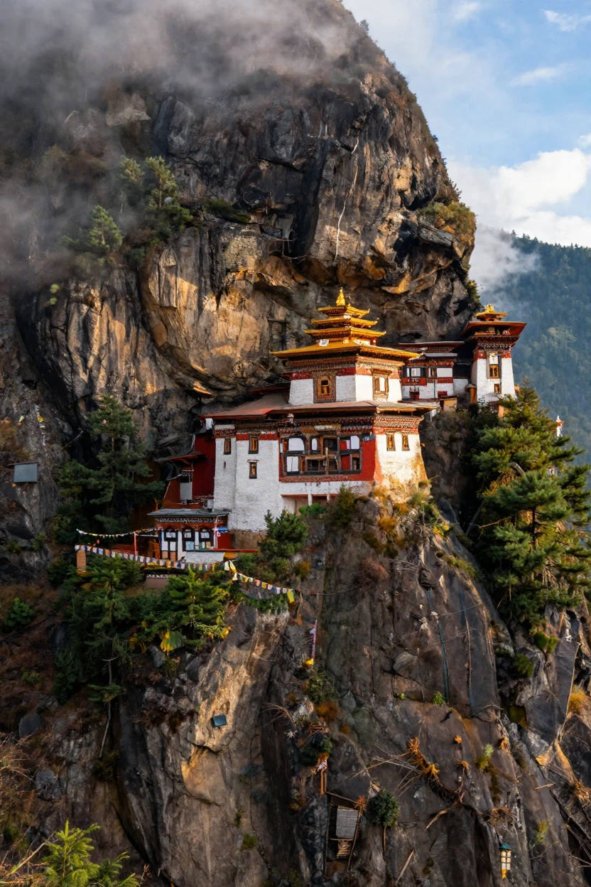 A Bhutanese cliffside monastery perched on a mountain