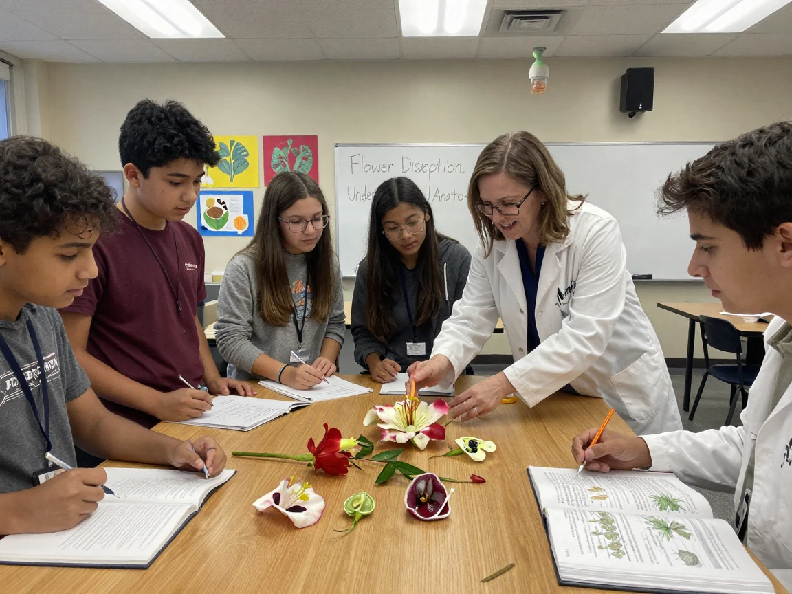 A biology class dissects a flower to study its parts under bright classroom light.