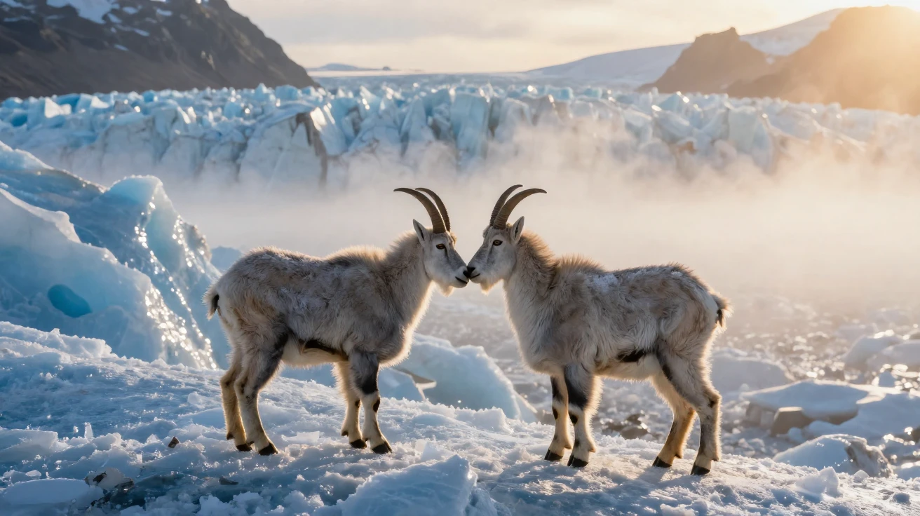 A mountain goat nuzzling affectionately in the early morning along the icy edge of a glacier