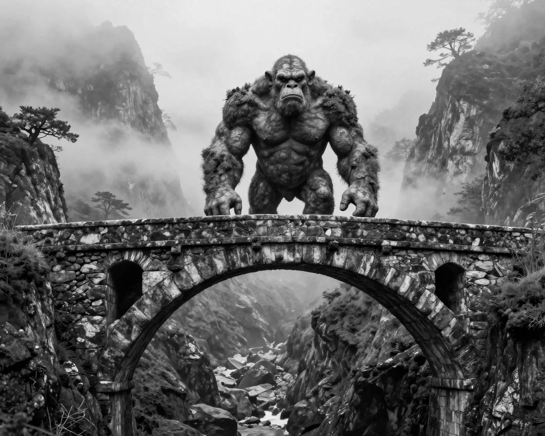 A troll guards a stone bridge over a ravine beneath a misty mountain pass.
