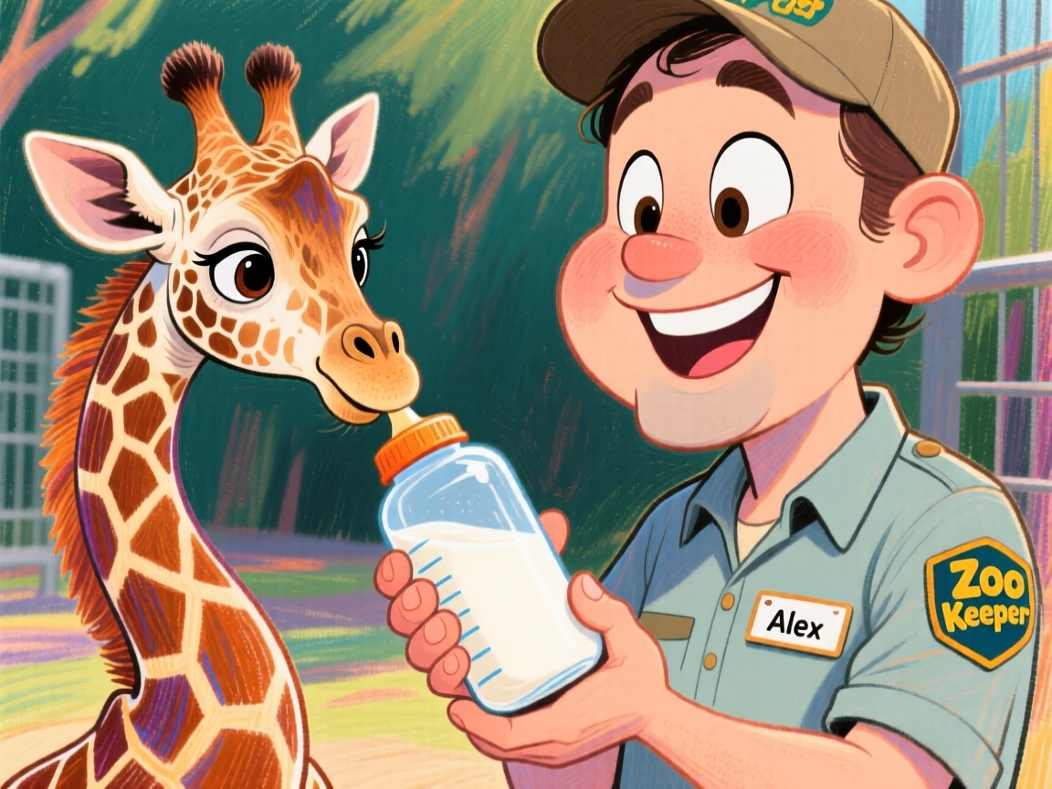 A zookeeper bottle-feeding a baby giraffe, its long neck bent down curiously.