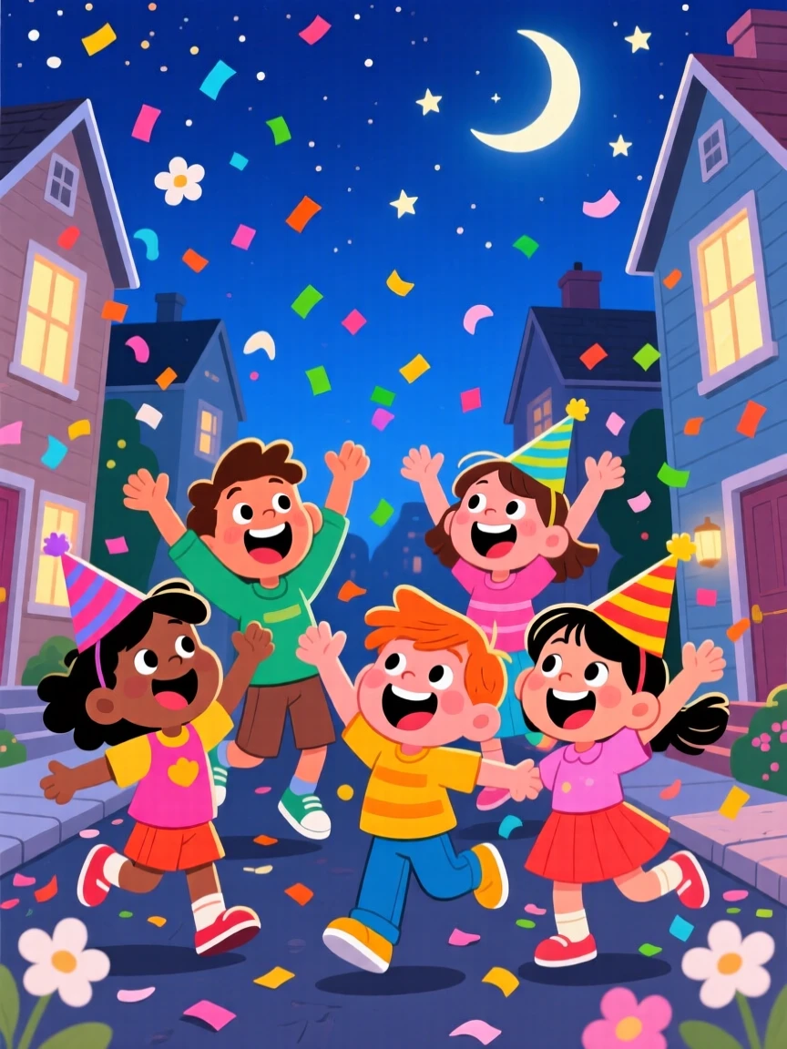 A festive celebration scene of neighborhood children throwing confetti in the air at midnight, as flower petals drift through the air.