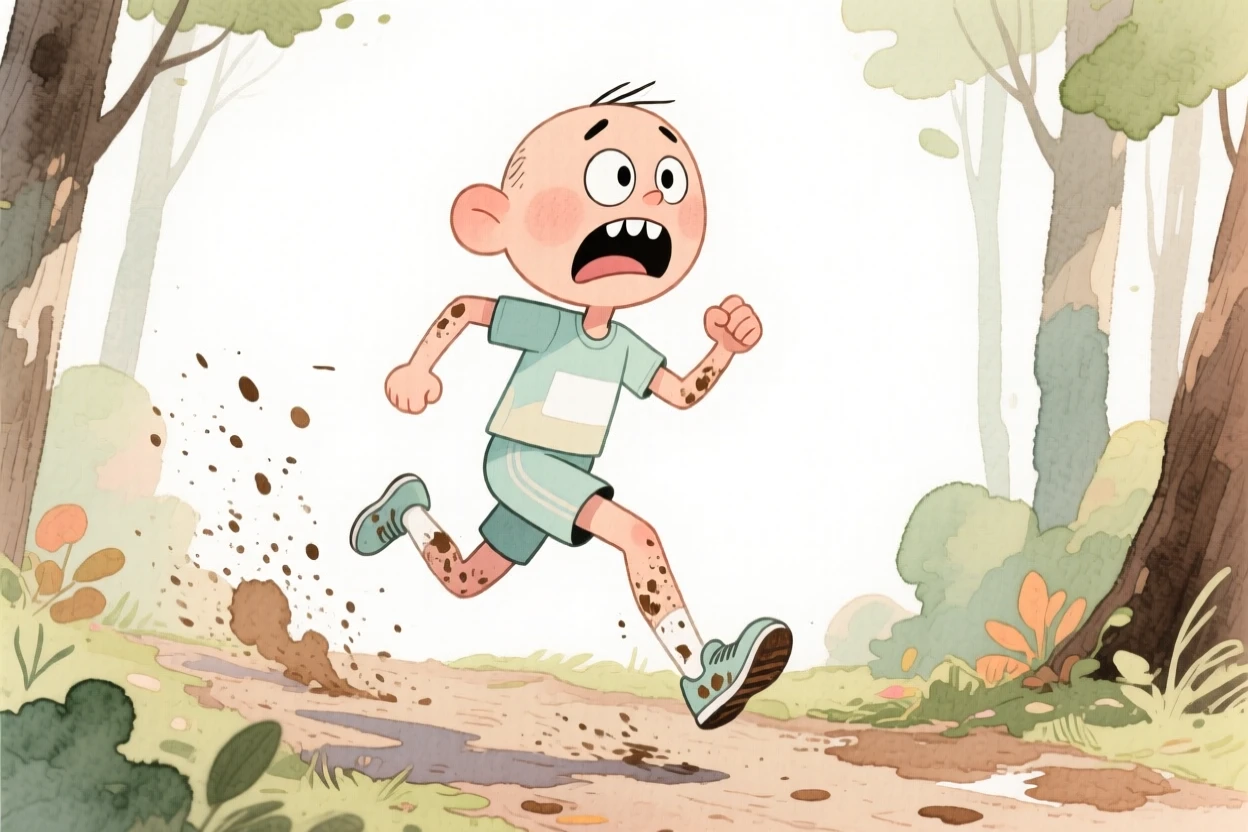 A marathon runner flying down a forest trail spraying dirt