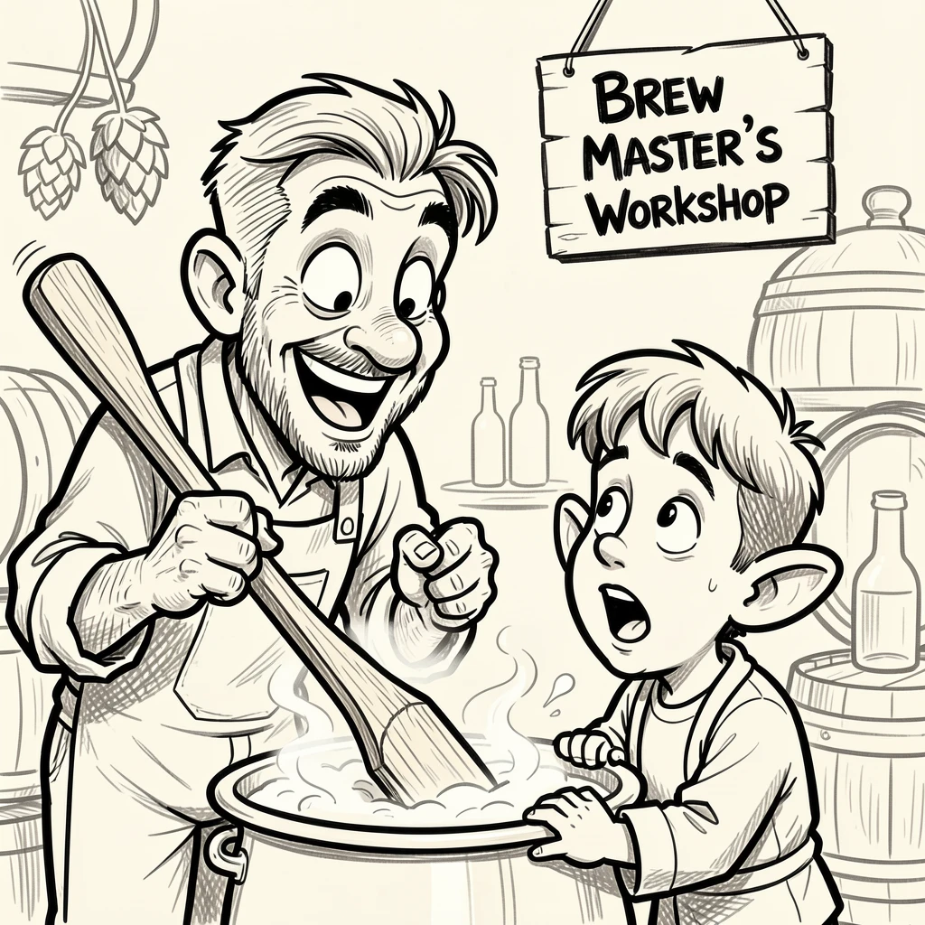 [Occupations & Hobbies] Detailed scene of an enthusiastic brewer teaching an eager apprentice, showcasing skill and dedication