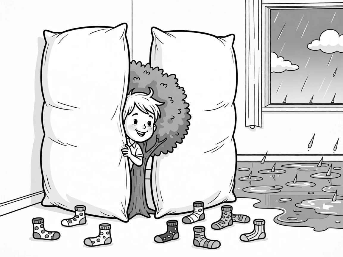 A child hiding poorly behind a too-small tree, peeking out through a gap in the pillow walls, set in a bedroom scattered with mismatched socks. Rain puddles reflect a a bright blue sky. There's an innocent, giggly charm to the whole moment.