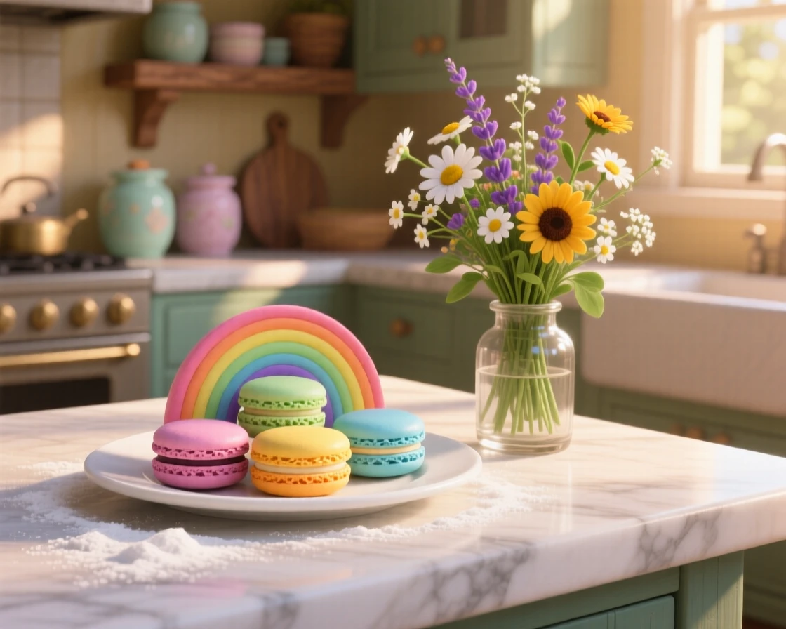A rainbow of macarons arranged on a plate sits on a marble kitchen counter dusted with flour, with a small vase of wildflowers nearby. The mood is festive and appetizing.