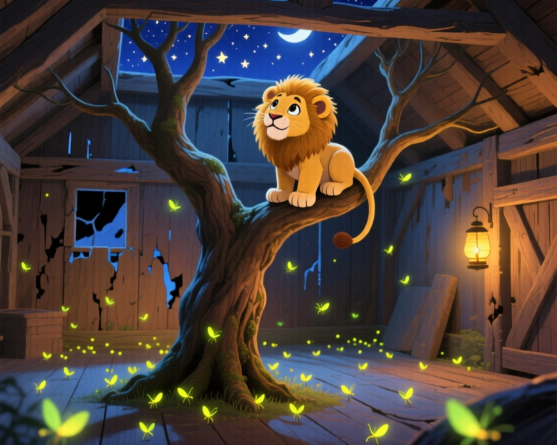 In an old wooden barn, a fluffy lion cub spends the afternoon watching the stars from a treetop, while fireflies begin to glow.