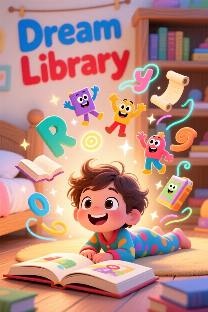 A child dreaming of a library where stories float off the pages.