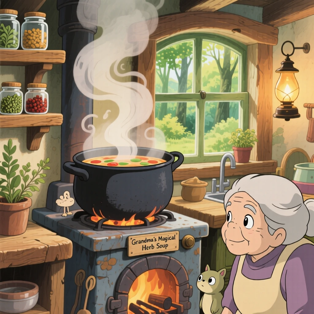 A warm, inviting scene of a steaming pot of soup simmering on a wood stove, as steam curls gently into the air.