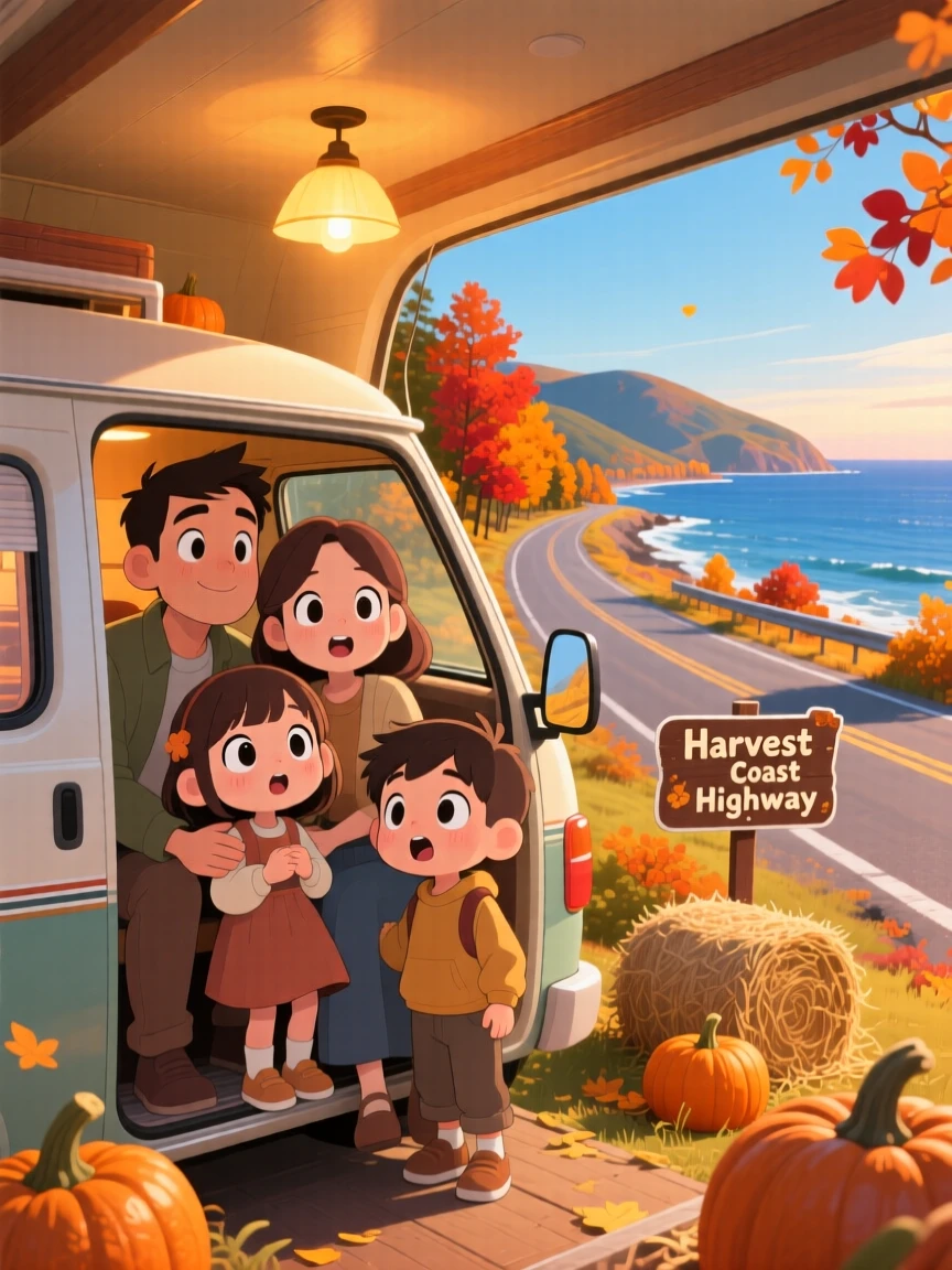 Full-body shot of a family, packed into a camper van on a road trip, in a scenic coastal highway, during golden autumn harvest season, illuminated by warm lamplight, radiating gentle surprise.